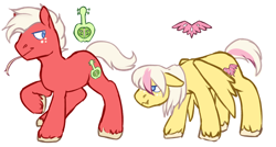 Size: 1280x687 | Tagged: safe, artist:pomrawr, derpibooru import, oc, oc only, oc:angel speed, oc:sooth's song, earth pony, pegasus, pony, brothers, duo, floppy ears, freckles, male, no pupils, offspring, parent:big macintosh, parent:fluttershy, parents:fluttermac, raised hoof, siblings, simple background, straw in mouth, unshorn fetlocks, wavy mouth, white background