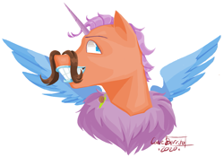 Size: 1873x1309 | Tagged: safe, artist:caveburrito, derpibooru import, oc, oc only, alicorn, pony, alicorn oc, bust, facial hair, grin, horn, moustache, simple background, smiling, solo, spread wings, white background, wings