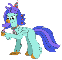Size: 2470x2388 | Tagged: safe, artist:supahdonarudo, derpibooru import, oc, oc only, oc:sea lilly, classical hippogriff, hippogriff, birthday, camera, candle, cupcake, food, happy, hat, holding, jewelry, necklace, party hat, simple background, transparent background