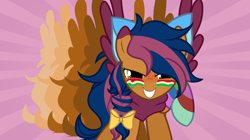 Size: 3260x1832 | Tagged: safe, artist:ynery, derpibooru import, oc, oc:solar comet, pegasus, pony, bandana, bow, female, freckles, looking at you, mare, paint, smiling, solo, spread wings