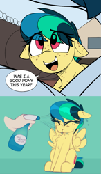 Size: 1069x1833 | Tagged: safe, artist:shinodage, oc, oc:apogee, oc:delta vee, pegasus, bad pony, chest fluff, dialogue, female, filly, freckles, open mouth, pegasus oc, speech bubble, spray bottle, water
