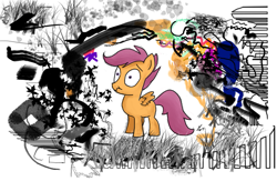 Size: 1039x678 | Tagged: safe, artist:lazymort, derpibooru import, scootaloo, pegasus, pony, abstract, abstract background, confused, female, filly, scrunchy face