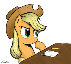 Size: 651x591 | Tagged: safe, artist:lazymort, derpibooru import, applejack, earth pony, pony, female, mare, paper, simple background, solo, table, thinking, white background