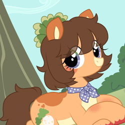 Size: 2200x2200 | Tagged: safe, artist:angelbeat-drift, derpibooru import, oc, oc only, oc:maisy, earth pony, pony, ascot, coat markings, eye clipping through hair, female, fetlock tuft, grass, leaf, looking at you, mare, smiling, smiling at you, solo, tree, vector