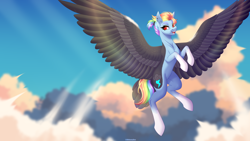 Size: 5750x3240 | Tagged: safe, artist:ohhoneybee, derpibooru import, rainbow dash, pegasus, pony, alternate design, colored wings, female, flying, large wings, mare, solo, wings