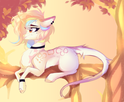 Size: 4056x3320 | Tagged: safe, artist:lazuli, derpibooru import, oc, oc only, pony, unicorn, choker, ear piercing, female, horn, lying down, mare, outdoors, piercing, prone, solo, tree, unicorn oc