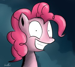 Size: 920x831 | Tagged: safe, artist:lazymort, derpibooru import, pinkie pie, pony, bust, crazy face, faic, solo