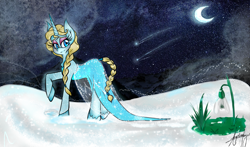 Size: 1700x1000 | Tagged: safe, artist:nayukiminase, derpibooru import, pony, unicorn, elsa, eyeshadow, frozen (movie), looking back, makeup, moon, night, ponified, shooting stars, snow, snowdrop (flower)