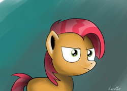 Size: 1027x738 | Tagged: safe, artist:lazymort, derpibooru import, babs seed, pony, angry, simple background, solo