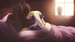 Size: 1920x1080 | Tagged: safe, artist:chebypattern, derpibooru import, oc, oc only, oc:chebypattern, oc:fury si, alicorn, pony, alicorn oc, bed, bedroom, blanket, chimney, horn, in bed, light, messy mane, open mouth, plant pot, simple background, sleeping, sleeping on top of someone, smiling, sun ray, window, wings