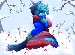 Size: 2300x1706 | Tagged: safe, artist:peachmayflower, derpibooru import, oc, oc only, pony, clothes, scarf, snow, solo, winter