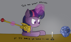 Size: 1162x692 | Tagged: safe, artist:lazymort, derpibooru import, twilight sparkle, twilight sparkle (alicorn), alicorn, pony, princess twilight sparkle (episode), candle, chest, female, mare, mystery box of plot importance, scepter, simple background, solo, text, twilight scepter