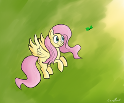 Size: 874x728 | Tagged: safe, artist:lazymort, derpibooru import, fluttershy, butterfly, pegasus, pony, female, mare, simple background, solo