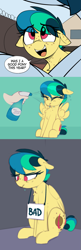 Size: 1069x3294 | Tagged: safe, artist:shinodage, oc, oc:apogee, oc:delta vee, pegasus, pony, bad pony, chest fluff, detailed background, dialogue, eye clipping through hair, eyes closed, female, filly, freckles, open mouth, pegasus oc, pony shaming, sign, sitting, speech bubble, spray bottle, text, wet