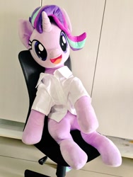 Size: 768x1024 | Tagged: safe, artist:nekokevin, starlight glimmer, pony, unicorn, series:nekokevin's glimmy, chair, clothes, female, irl, life size, looking at you, mare, open mouth, photo, plushie, shirt, sitting, smiling, solo