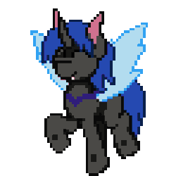 Size: 256x256 | Tagged: safe, artist:bitassembly, derpibooru import, part of a set, oc, oc only, oc:swift dawn, changeling, ^^, animated, blue changeling, changeling oc, commission, cute, excited, eyes closed, fangs, gif, happy, horn, male, pixel art, simple background, smiling, solo, stallion, tippy taps, transparent background, trotting, trotting in place, wing flap, wings, ych result