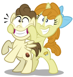 Size: 1280x1350 | Tagged: safe, artist:aleximusprime, derpibooru import, pound cake, pumpkin cake, pegasus, pony, unicorn, flurry heart's story, big smile, bipedal, bow, brother and sister, cake twins, colt, female, filly, forced smile, grin, male, older, older pound cake, older pumpkin cake, pumpkin, siblings, simple background, smiling, the cakes, transparent background, twins, vector