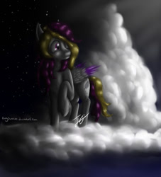 Size: 720x792 | Tagged: safe, artist:ponysunrise, derpibooru import, oc, oc:starlight, pegasus, pony, cloud, detailed background, female, mare, night, on a cloud, pegasus oc, raised hoof, solo, stars, two toned mane, two toned tail, wings