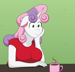 Size: 2048x1961 | Tagged: safe, artist:matchstickman, derpibooru import, sweetie belle, anthro, unicorn, ponyville confidential, big breasts, breasts, clothes, coffee mug, female, floppy ears, mare, meme, mug, older, older sweetie belle, outdoors, scene interpretation, shirt, solo, sudden clarity older sweetie belle, sudden clarity sweetie belle, sweetie boobs