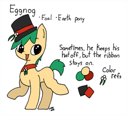 Size: 550x498 | Tagged: safe, artist:liyuku, derpibooru import, oc, oc:eggnog, earth pony, earth pony oc, hat, male, open mouth, reference sheet, solo, top hat