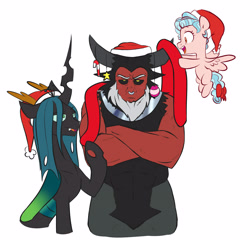 Size: 4293x4178 | Tagged: safe, artist:chub-wub, derpibooru import, cozy glow, lord tirek, queen chrysalis, centaur, changeling, changeling queen, pegasus, pony, absurd resolution, blushing, bow, candy, candy cane, christmas, cozybetes, crossed arms, cute, cutealis, female, filly, food, hat, holiday, legion of doom, male, open mouth, ornament, santa hat, simple background, stars, tail bow, tirebetes, white background