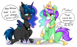 Size: 4900x3000 | Tagged: safe, artist:kaikururu, derpibooru import, oc, oc only, oc:crescent star, changeling, earth pony, pony, changeling oc, clothes, costume, digital art, duo, fake horn, fake wings, female, glasses, halloween, halloween costume, holes, holiday, hooves, mare, simple background, sitting, speech bubble, tail, text, transparent background