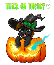 Size: 2179x2653 | Tagged: safe, artist:kaikururu, derpibooru import, oc, oc only, pony, unicorn, clothes, commission, costume, digital art, female, halloween, halloween costume, hat, holiday, hooves, horn, jack-o-lantern, mare, pumpkin, simple background, solo, text, transparent background, witch hat