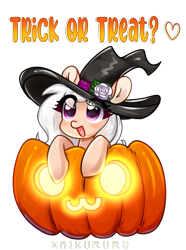 Size: 1967x2639 | Tagged: safe, artist:kaikururu, derpibooru import, oc, oc only, oc:white rose, earth pony, pony, clothes, commission, costume, digital art, female, halloween, halloween costume, hat, holiday, hooves, jack-o-lantern, mare, pumpkin, simple background, solo, text, transparent background, witch hat