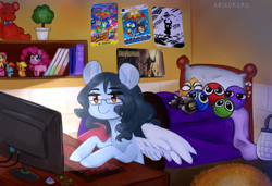 Size: 4000x2732 | Tagged: safe, artist:kaikururu, derpibooru import, applejack, fluttershy, pinkie pie, rainbow dash, oc, oc only, oc:ruru, cat, earth pony, pegasus, pony, bag, bed, bedroom, book, bookshelf, computer, detailed background, digital art, female, glasses, hooves, mare, mismatched wings, pillow, plushie, poster, solo, table, tail, teddy bear, toy, wings