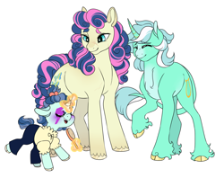 Size: 2109x1672 | Tagged: safe, artist:iouise, derpibooru import, bon bon, lyra heartstrings, sweetie drops, oc, oc:lullaby, classical unicorn, earth pony, pony, unicorn, brush, clothes, cloven hooves, cute, eyes closed, family, female, filly, floppy ears, glowing horn, hairbrush, horn, leonine tail, lesbian, levitation, lyrabon, magic, magical lesbian spawn, makeup, mare, mother and child, mother and daughter, offspring, pants, parent and child, parent:bon bon, parent:lyra heartstrings, parents:lyrabon, shipping, shirt, simple background, telekinesis, unshorn fetlocks, white background