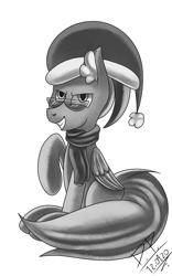 Size: 1250x2000 | Tagged: safe, artist:draconightmarenight, artist:proyects_s, derpibooru import, oc, pegasus, pony, black and white, christmas, clothes, grayscale, hat, holiday, monochrome, santa hat, scarf, sitting, solo, sunglasses