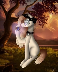 Size: 1080x1350 | Tagged: safe, artist:rxndxm.artist, derpibooru import, oc, oc only, butterfly, earth pony, pony, earth pony oc, floral head wreath, flower, glasses, hoof hold, outdoors, raised hoof, sitting, solo, tree