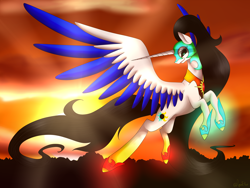 Size: 3200x2400 | Tagged: safe, artist:minelvi, derpibooru import, oc, oc only, alicorn, pony, alicorn oc, female, flying, glowing hooves, helmet, horn, mare, solo, two toned wings, wings