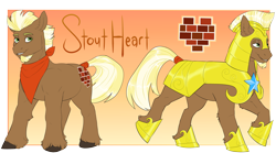 Size: 4800x2667 | Tagged: safe, artist:jeshh, derpibooru import, oc, oc only, oc:stout heart, earth pony, armor, earth pony oc, helmet, high res, hoof shoes, male, neckerchief, simple background, smiling, solo, stallion, tail wrap, transparent background, unshorn fetlocks