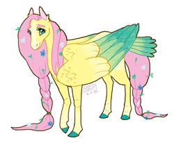 Size: 1280x1054 | Tagged: safe, artist:beezypi, derpibooru import, fluttershy, pegasus, pony, braid, braided tail, colored hooves, colored wings, colored wingtips, female, flower, flower in hair, hoers, large wings, looking at you, mare, signature, simple background, solo, tail feathers, transparent background, white outline, wings
