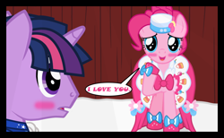 Size: 1280x790 | Tagged: safe, artist:bigsnusnu, derpibooru import, dusk shine, pinkie pie, twilight sparkle, earth pony, pony, unicorn, comic:dusk shine in pursuit of happiness, clothes, curtains, dress, duskpie, female, gala dress, half r63 shipping, love confession, male, rule 63, shipping, straight, twinkie