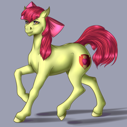 Size: 1440x1440 | Tagged: safe, artist:crazyaniknowit, derpibooru import, apple bloom, earth pony, pony, apple bloom's bow, bow, female, gray background, hair bow, hoers, mare, older, older apple bloom, simple background, solo