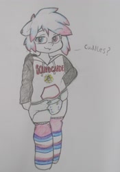 Size: 2553x3641 | Tagged: safe, artist:star lily, derpibooru import, oc, oc only, oc:star lily, anthro, :3, clothes, diaper, femboy, hoodie, male, socks, solo, soundgarden, striped socks, traditional art