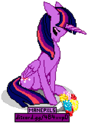 Size: 1150x1600 | Tagged: safe, artist:epicvon, derpibooru import, twilight sparkle, twilight sparkle (alicorn), alicorn, pony, bouquet, female, flower, horn, manepxls, mare, mourning, pixel art, pxls.space, sad, simple background, solo, transparent background, wings