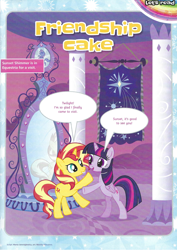 Size: 826x1169 | Tagged: safe, derpibooru import, sunset shimmer, twilight sparkle, twilight sparkle (alicorn), alicorn, pony, unicorn, bipedal, comic, friendship cake, magazine scan, magic mirror