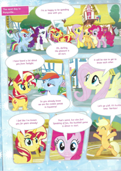 Size: 826x1169 | Tagged: safe, derpibooru import, applejack, fluttershy, pinkie pie, rainbow dash, rarity, sunset shimmer, earth pony, pegasus, pony, unicorn, bipedal, comic, eyes closed, friendship cake, magazine scan, open mouth