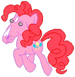 Size: 1290x1330 | Tagged: artist needed, safe, artist:jarjar_boinks, derpibooru import, editor:cocoa bittersweet, pinkie pie, earth pony, pony, bojack horseman, crossover, cursed image, face swap, female, head swap, horse face, manepxls, mare, not salmon, pixel art, pxls.space, raised hoof, simple background, solo, transparent background, trotting, wat, what has science done