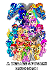 Size: 1100x1524 | Tagged: safe, artist:dasheroni, artist:template93, derpibooru import, apple bloom, applejack, babs seed, berry punch, berryshine, big macintosh, blaze, bon bon, carrot top, daisy, derpy hooves, dj pon-3, doctor whooves, fire streak, flower wishes, fluttershy, golden harvest, junebug, lyra heartstrings, minuette, misty fly, octavia melody, pinkie pie, princess cadance, princess celestia, princess luna, rainbow dash, rarity, roseluck, scootaloo, shining armor, silver lining, silver zoom, soarin', spike, spitfire, sweetie belle, sweetie drops, twilight sparkle, twilight sparkle (alicorn), vinyl scratch, alicorn, dragon, earth pony, pegasus, pony, unicorn, absurd resolution, anniversary, cutie mark crusaders, female, filly, foam finger, happy birthday mlp:fim, looking at you, male, mane seven, mane six, manepxls, mare, mlp fim's tenth anniversary, open mouth, pixel art, pxls.space, raised hoof, simple background, smoke, stallion, transparent background, two toned mane, two toned tail, wonderbolts