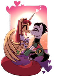 Size: 1280x1703 | Tagged: safe, artist:house-of-tykayl, derpibooru import, alicorn, earth pony, pony, boop, cape, clothes, costume, female, kissing, male, mare, mask, ponified, robin (teen titans), simple background, stallion, starfire, teen titans go, the magic of friendship