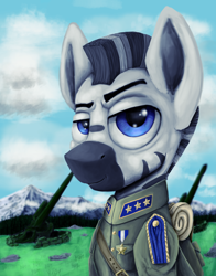 Size: 2200x2800 | Tagged: safe, artist:ryanmangaming, derpibooru import, zebra, equestria at war mod, army, artillery, bust, clothes, forest, military, military uniform, mountain, portrait, solo, uniform