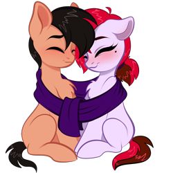 Size: 4000x4000 | Tagged: safe, artist:vetta, derpibooru import, oc, oc only, oc:judge, oc:vetta, earth pony, pony, unicorn, 2021 community collab, chest fluff, clothes, derpibooru community collaboration, eyes closed, female, male, mare, scarf, shipping, simple background, sitting, smiling, stallion, transparent background