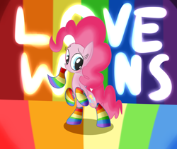 Size: 1920x1620 | Tagged: safe, artist:mr-degration, derpibooru import, pinkie pie, earth pony, pony, bipedal, clothes, female, holding a flag, looking at you, love wins, mouth hold, obergefell v. hodges, pride flag, rainbow socks, socks, striped socks