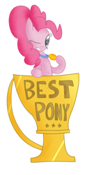 Size: 2048x4096 | Tagged: safe, artist:mr-degration, derpibooru import, pinkie pie, earth pony, pony, best pony, female, one eye closed, simple background, solo, trophy, white background, wink