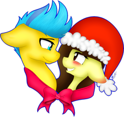 Size: 1640x1555 | Tagged: safe, artist:whitehershey, derpibooru import, oc, oc only, oc:white hershey, pony, blushing, christmas, eye contact, female, hat, holiday, looking at each other, male, oc x oc, santa hat, shipping, simple background, transparent background