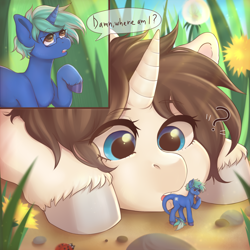 Size: 3000x3000 | Tagged: safe, artist:beer_cock, derpibooru import, oc, oc:flower star, oc:nova spark, tatzlwurm, unicorn, adorable face, commission, cute, flower, looking down, macro/micro, mystery, scientist, shrunk, thinking, ych result